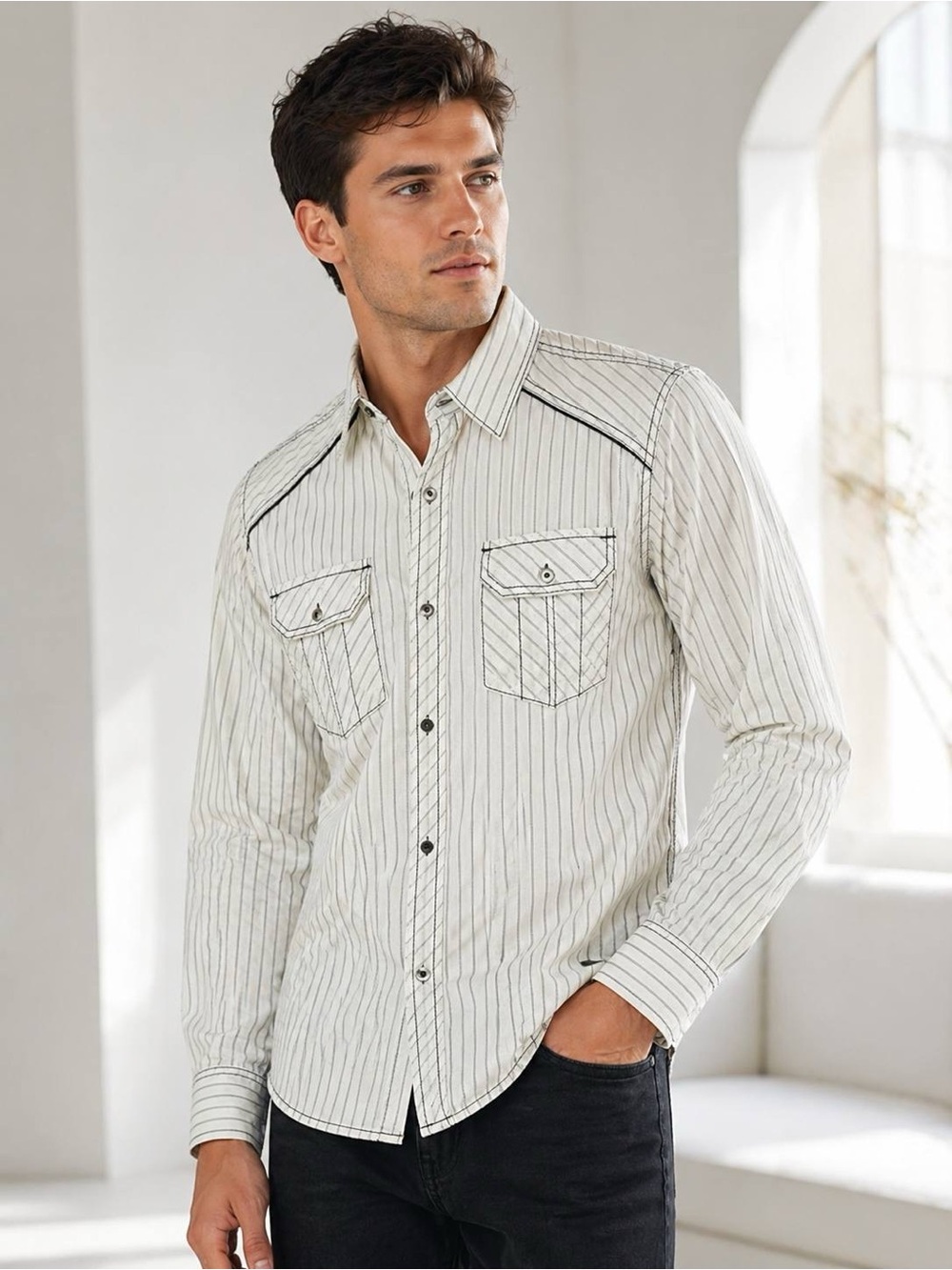 Buckle Black No 48 Shirt Men White Striped Slim Fit Western Pocket Size S